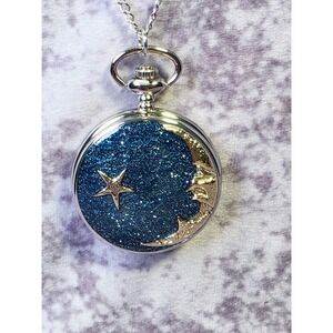 STRADA Pocket Watch Necklace Celestial Moon Star Blue Glitter Dial Pendant